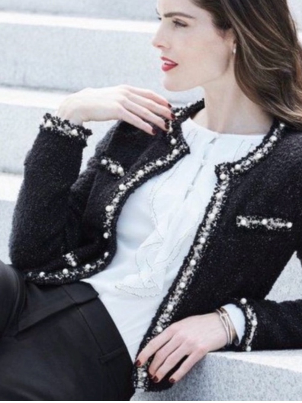 White House Black Market Black Tweed Pearl-Trim Sweater